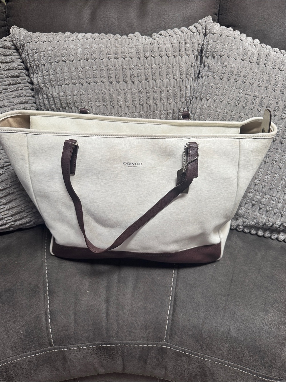 COACH White Leather Tote with Brown Trim and Straps